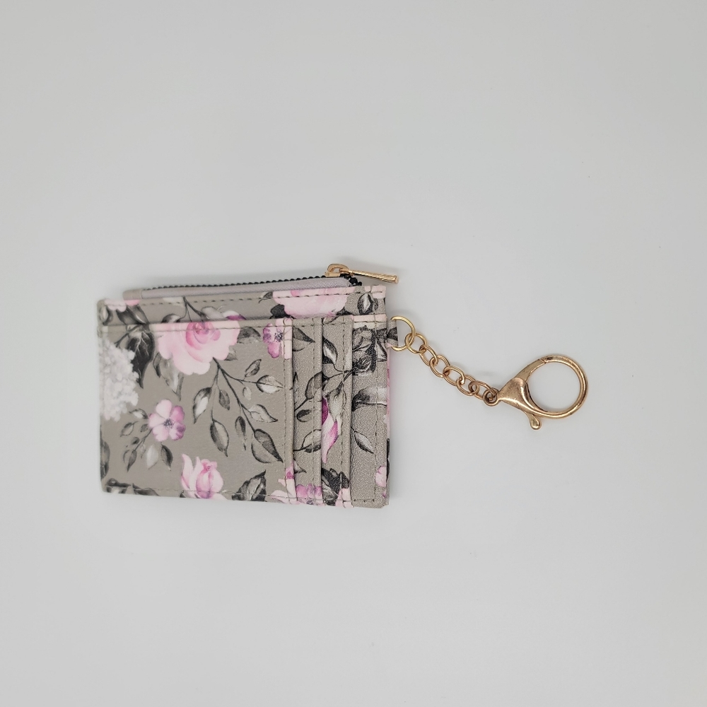 Rampage Floral Gray & Pink Card Holder Keychain ID Card Holder Zip Up Coin Purse - Picture 5 of 11